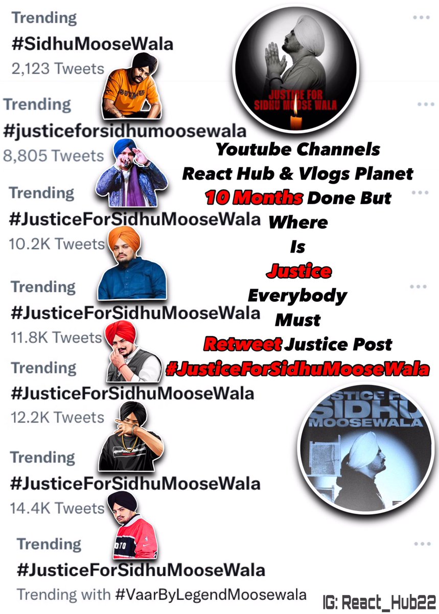 ReactHub's tweet photo. DAILY HASHTAG USE KARO SARE EHDA HI TRENDING CH LYE K AOUNE AH #JusticeForSidhuMooseWala #Hashtag #Viral KARO VADH TOH VADH JUSTICE POST JHOOTE NU PYAR KARDEO TUSI DUBHO NAAH KISE TOH 💪🏻💪🏻…. @BhagwantMann @deepindergrewa8 @khushromana @BarackObama @JustinTrudeau @stefflondon https://t.co/kF0sSoxGzw