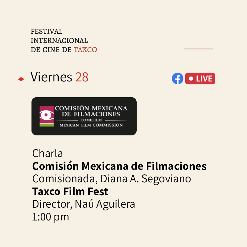 TaxcoFilmFest's tweet photo. Viernes 🔻28/ Abril/ 2023
Charla entre Diana A. Segoviano, Comisionada Nacional de Filmaciones y Naú Aguilera, director de nuestro Festival a la 1:00 pm por Facebook Live.
🎥✨ VIII Taxco Film Fest
👉 Del 21 al 29 de Abril del 2023
#NosVemosenTaxco #LaJoyadelCine #VIIITAFF https://t.co/HvuBkNerk1