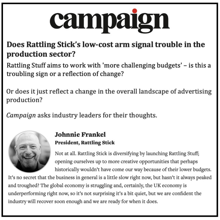 RATTLING STICK (@rattlingstick) on Twitter photo <a href="/Campaignmag/">Campaign</a> asked <a href="/johnnieromance/">johnnie frankel</a> and other  industry leaders to comment on our recent launch of RATTLING STUFF: campaignlive.co.uk/article/does-r… <a href="/Campaignmag/">Campaign</a> asked <a href="/johnnieromance/">johnnie frankel</a> and other  industry leaders to comment on our recent launch of RATTLING STUFF: campaignlive.co.uk/article/does-r…