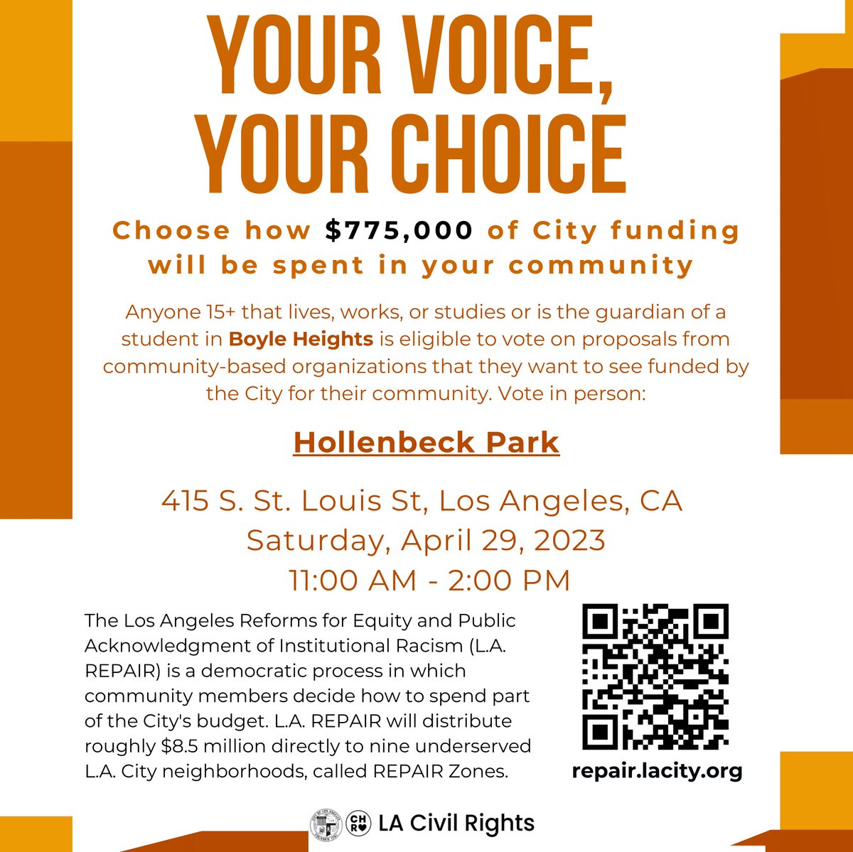 Boyle Heights, your voice matters! 🗣️ With L.A. REPAIR Participatory Budgeting, you can decide how $775,00 in public dollars are spent. Vote NOW at REPAIR.lacity.org or vote in person on April 29 at Hollenbeck Park! 🙌 #LAREPAIR #GetOutTheVote