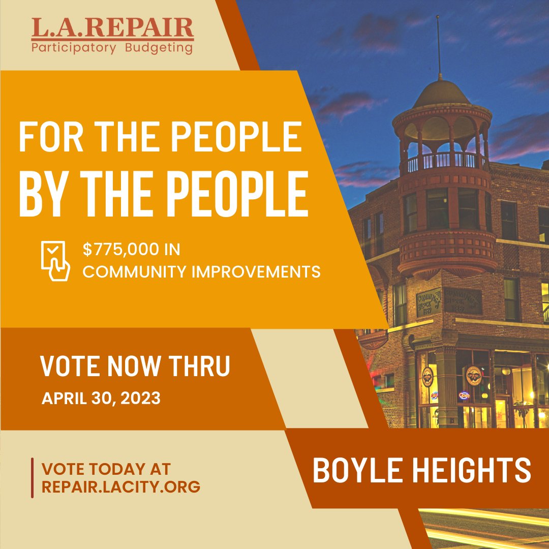 BoyleHeightsNC's tweet photo. Boyle Heights, your voice matters! 🗣️ With L.A. REPAIR Participatory Budgeting, you can decide how $775,00 in public dollars are spent. Vote NOW at https://t.co/Lkxegh0nRC or vote in person on April 29 at Hollenbeck Park! 🙌 #LAREPAIR #GetOutTheVote https://t.co/HD6dWNjbko
