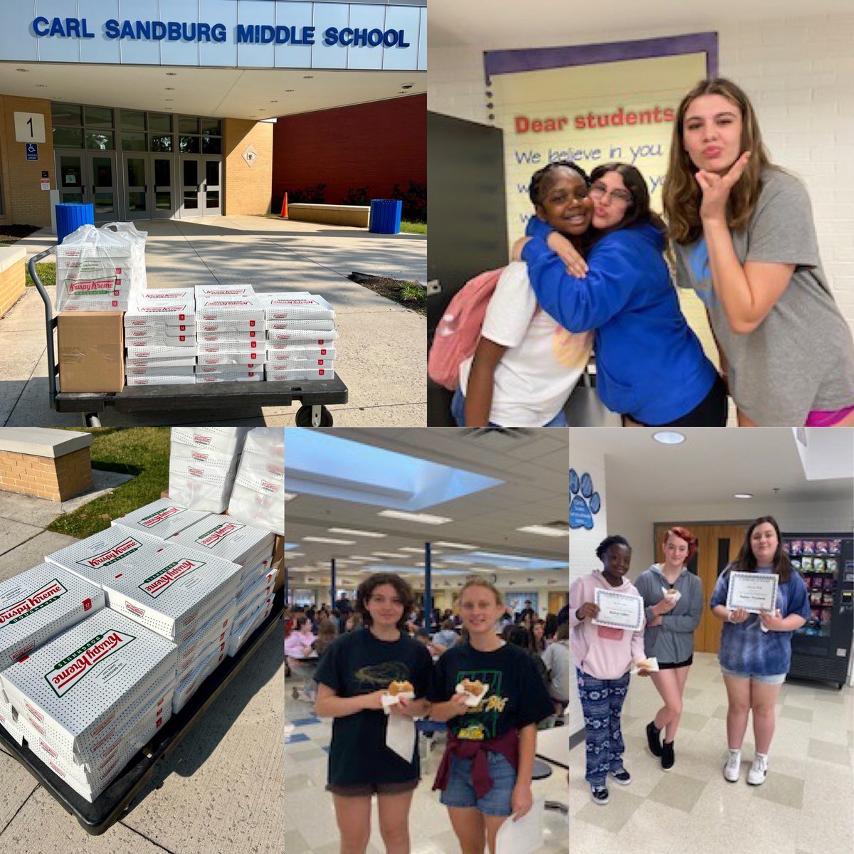 sandburg_ms_pta's tweet photo. What a sweet deal! Make honor roll, get a @krispykreme 🍩 from the CSMS PTA! We love doing this. And more than that, we ❤️ seeing these smiles on the faces of our student scholars. #PantherPride #sandburgpanthers #panthersbecomewolverines https://t.co/wHRQAlLUol