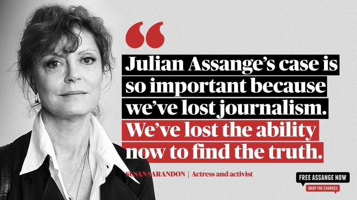 SomersetBean's tweet photo. "Julian Assange’s case is so important because we’ve lost journalism. We’ve lost the ability now to find the truth."—@SusanSarandon #FreeAssangeNOW #DropTheCharges https://t.co/hUu2CKGDGv