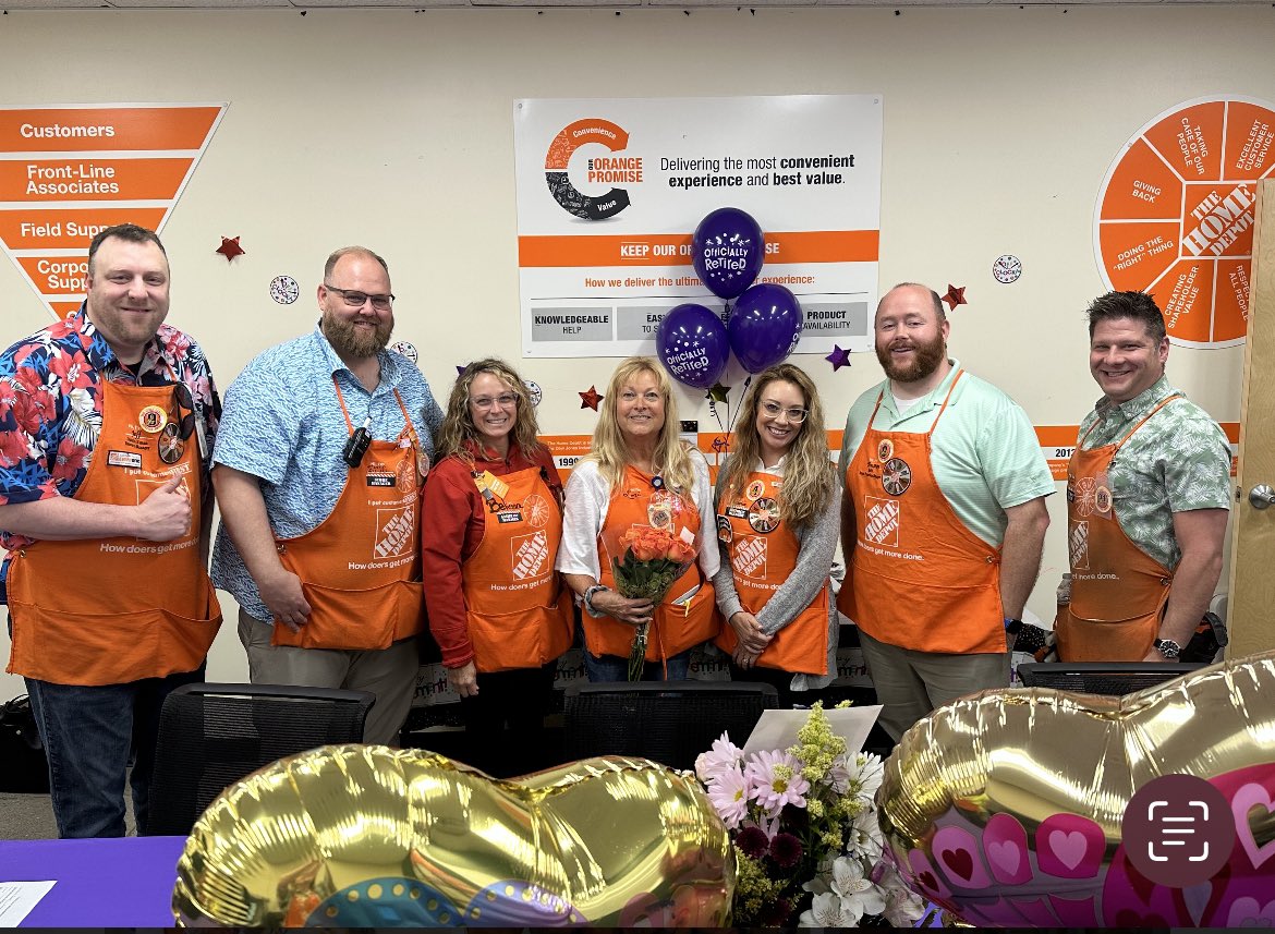So happy that we got to celebrate Lori’s 40 year with Home Depot!! Today was her final day and she is hanging up her apron for retirement!! Your dedication to HD has been amazing! Thank you for 40 years of service! Enjoy retirement you’ve earned it!! 🤩🤩