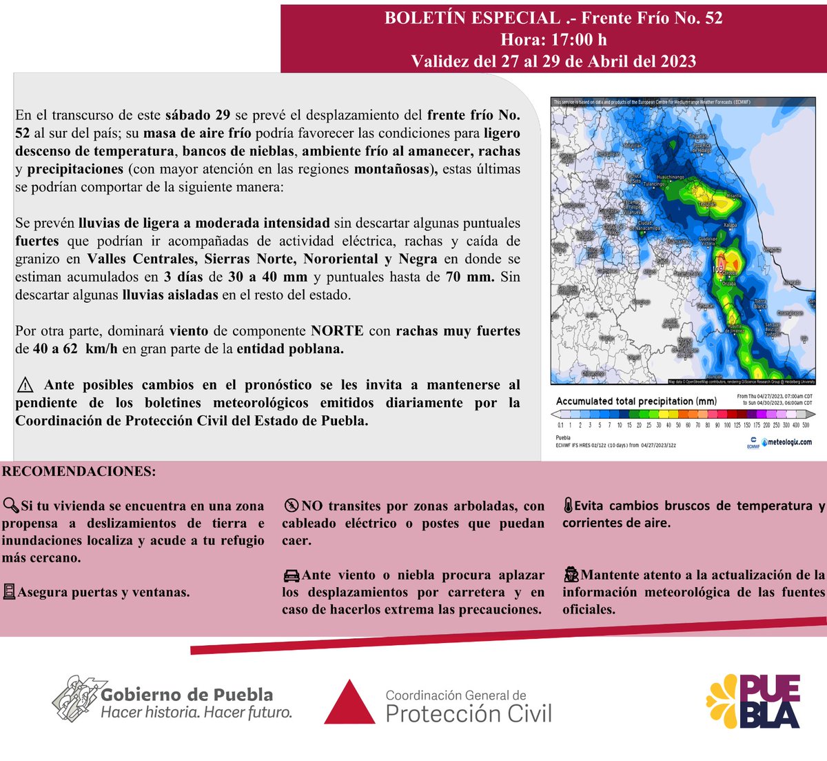 PCGobPue's tweet photo. Este sábado se estima que la masa de aire que acompañará al #FF52🌬️ favorezca en Puebla:

⛈️Lluvias en las regiones montañosas
🍃Viento del #Norte con rachas muy fuertes de 40 a 62 km/h en gran parte de la entidad.
🌫️Ligero descenso de temperatura y bancos de nieblas.

⚠️ATENTO⚠️ https://t.co/yf6uebwbeH
