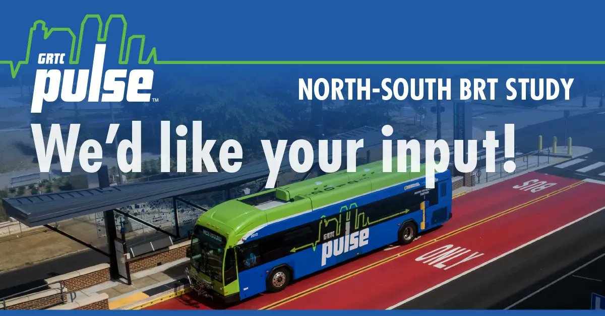 GRTCPulse's tweet photo. GRTC wants your feedback! We're conducting a study on potential corridors for a second Pulse BRT route to provide you with fast and reliable service. The new north-south route will connect to Broad Street in Downtown Richmond. https://t.co/cMPaiFajMa https://t.co/ocEvCTNvpy