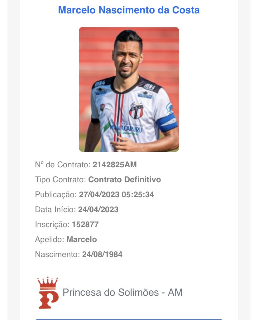 🔗Notícias do BID: o meia Marcelinho está oficialmente no Princesa do Solimões. O camisa 10 teve seu contrato definitivo com o Tubarão publicado no BID. É tido como a principal contratação do time de Manacapuru para a disputa da série D. O homem chegou ☑️