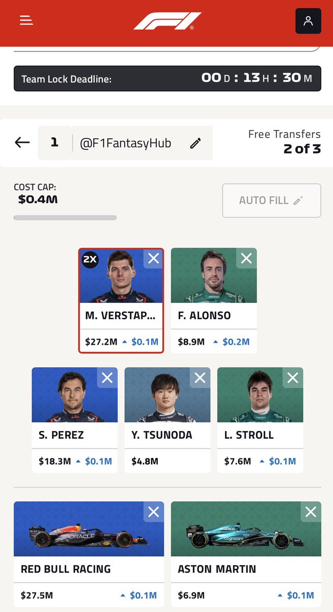 Race Week 4 Team 🔒 

Tsunoda in for de Vries (for now).

Will miss FP1 and the deadline is when I wake up - making this change in case I sleep through my alarm 😂

Zhou another option I’m considering - enough trades in hand to facilitate if required.

Good luck all!

#F1Fantasy