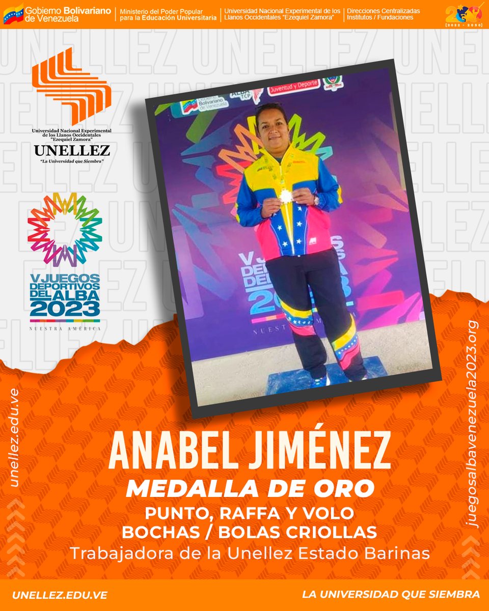 UnellezOficial_'s tweet photo. 👩 La atleta de alto rendimiento Anabel Jiménez, trabajadora de la #Unellez, gana medalla de #Oro en la selección de #Bochas contra Nicaragua 🇳🇮🇻🇪
🏆 ¡Viva el deporte,
🏅 Vivan las y los atletas,
🧡 Viva la Unellez!
#JuegosALBA2023 #UnellezEnJuegosDelAlba
#Bochas #BolasCriollas https://t.co/jfqtQczKYy