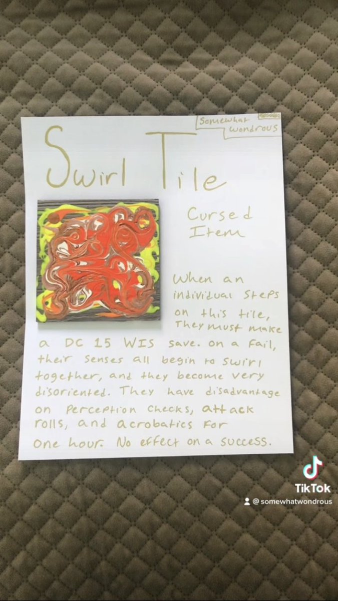 Swirl Tile: Cursed Item

#dnd #dungeonsanddragons #dnd5e #dndhomebrew #dungeonsanddragonshomebrew #dungeonsanddragon5e #magicitems #magicitem #wondrousitem #art