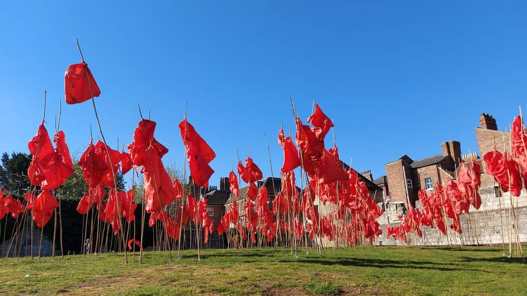BeaLast's tweet photo. This, the 3rd incarnation of #TheRedBags is an amazing example of process - with sun bleached patches & bits of debris marking the time these bags have journeyed, the fragility of materials & their endurance
@AestheticaMag
@YorkArtGallery until June 4 https://t.co/tqa1YL8XFd