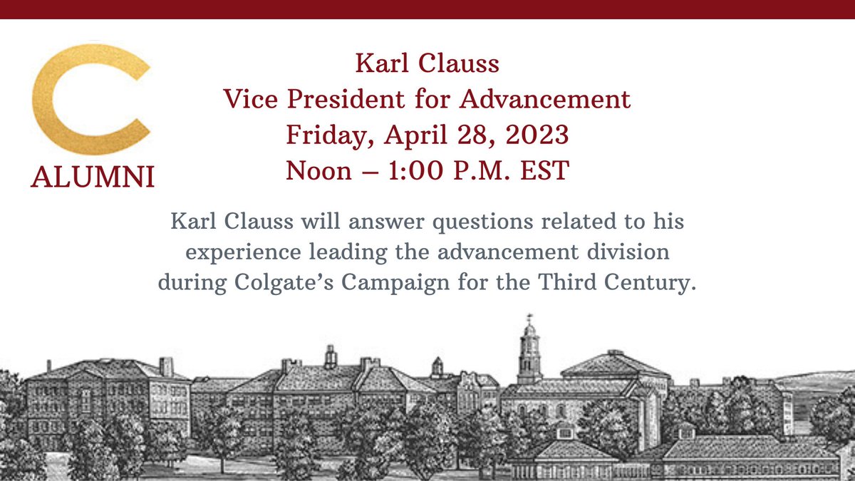 Join Vice President for Advancement Karl W. Clauss '90 as he answers questions related to his experience leading the advancement division during Colgate’s Campaign for the Third Century. 

bit.ly/3G5A011