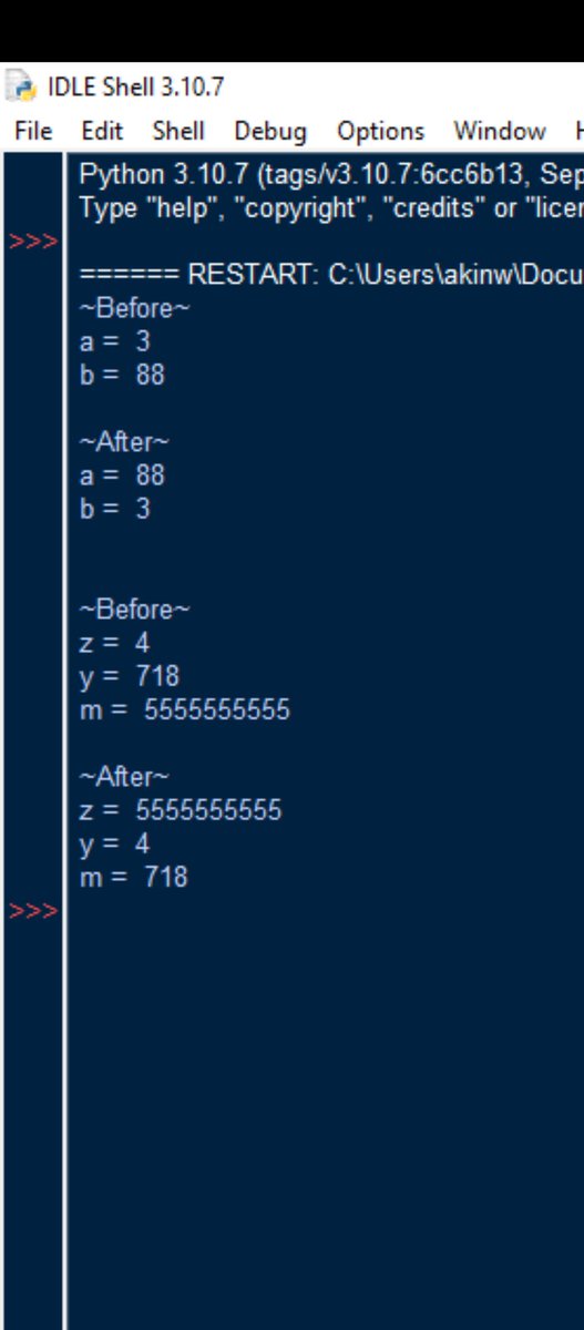 WallyOwi30's tweet image. Python 3: Added 3 variable value swapping with just some commas to the script. Going to try to remember it as whatever order it is on the left will be it's order on the right?
#pythonscripts #remotepythoncoders