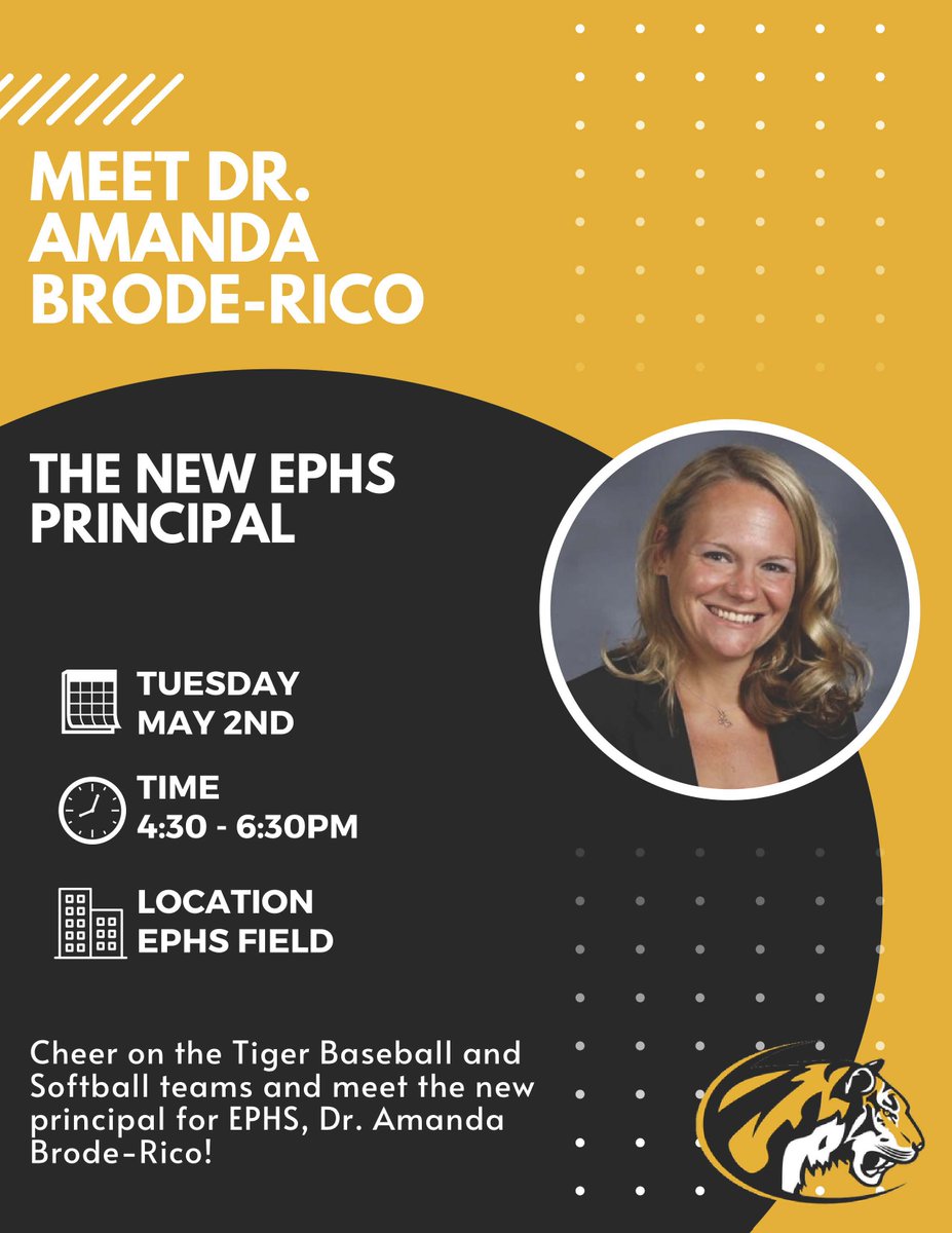 ephs401_tigers's tweet photo. Current and future @ephs401_tigers families: Come on out to the EPHS athletic fields Tuesday, May 2, from 4:30 to 6:30 p.m. and meet our new principal, Dr. Amanda Brode-Rico! We look forward to seeing everyone there! Go Tigers! @RicoBrode #EPTigerPride https://t.co/6h8SnBlVNu