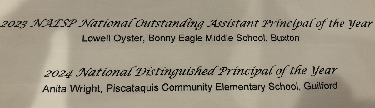 EdLeadersMaine's tweet photo. A great evening celebrating #EdLeaders and two distinguished ELE  alum - Lowell Oyster and Anita Wright. Congratulations! @BonnyEagleMS @johnkeane1 Piscataquis Community Elementary School @HollyBlairMPA @caryolson5 @EducateMaine #unumcares https://t.co/4X4SBKL1if