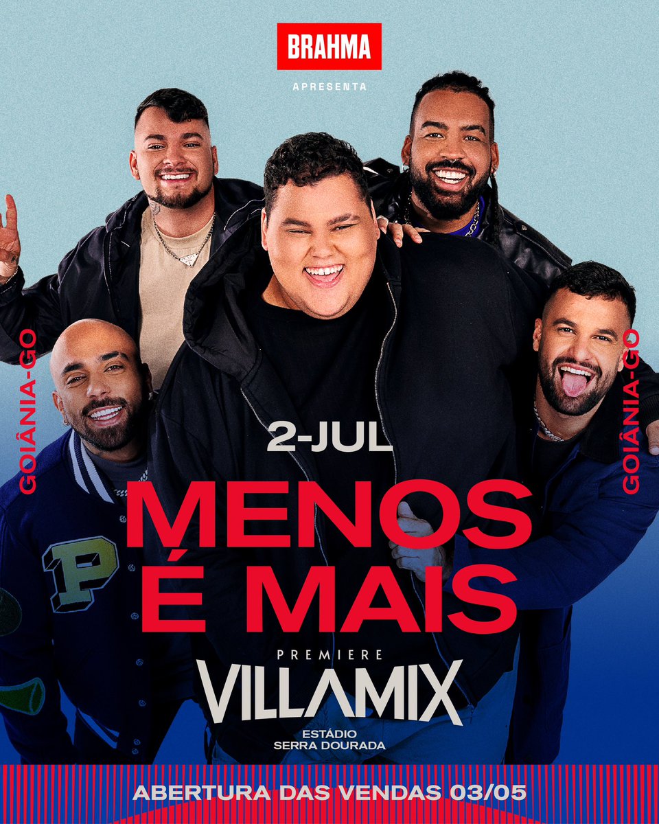 Os meninos do <a href="/grupomenosemais/">Grupo Menos é Mais</a> prometem muita levada pra elevar o clima dessa festa! 🙌🏻🙌🏻
🎟 Vendas abertas no dia 03/05 ao meio-dia. 

#PremiereVillaMix #VillaMix