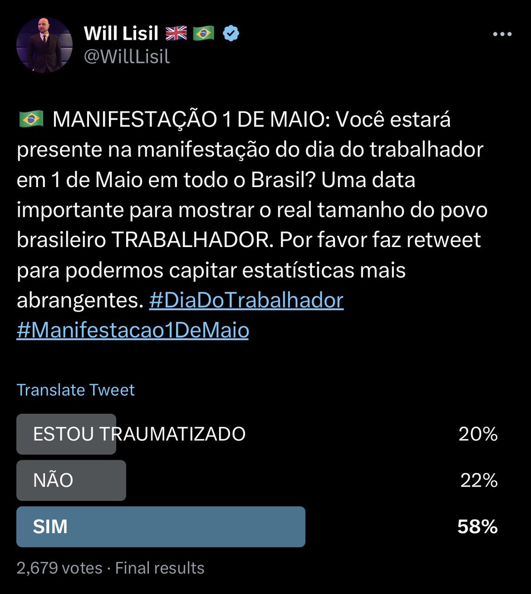 🇧🇷 APENAS 20% ESTÁ TRAUMATIZADO: Mesmo com os Hitlers da suprema corte praticando abuso de poder, é só uma minoria que está traumatizada. Após vazamento das imagens do 08/Jan, houve um despertar, e aparentemente a maioria se fará presente no dia 01/Maio. O povo que não se mostra