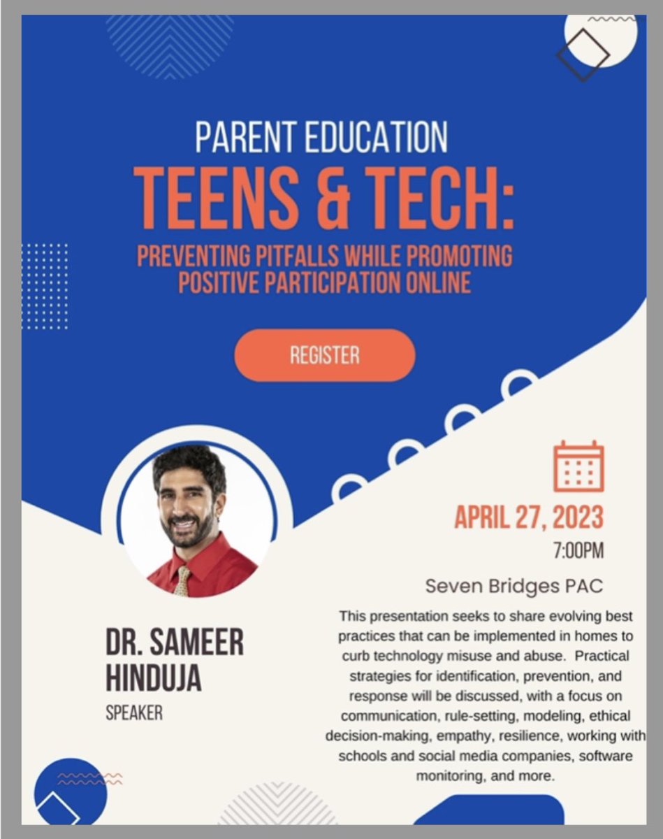 7B & @BobbyBellMS parents are learning from Dr. Sameer @Hinduja tonight. Tomorrow, students in gr 7-8 will hear from him in their morning assembly on a range of online topics, resilience, decision-making, pro social responses, upstandership > ty @ChappaquaPTA! #wearechappaqua