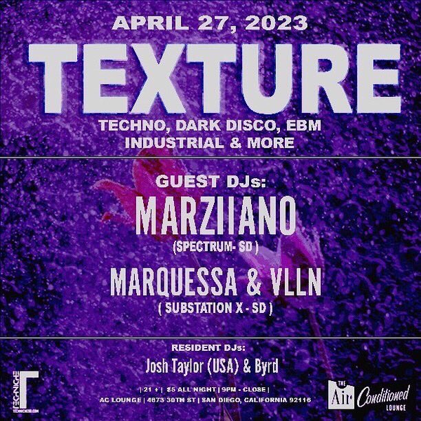 Catch me playing a special techno set tonight at <a href="/ACLounge/">AirConditionedLounge</a> with VLLN 🔥 Party starts at 9pm | $5 cover all night #TextureTechnoSD #TechnicheSD