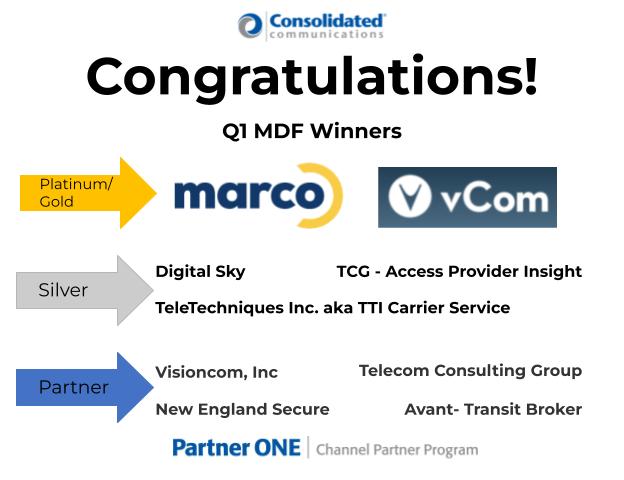 Check out the Q1 ONE Club Top Performers – we have new categories for more partners to win MDF.
#PartnerONE   #ConsolidatedCommunications #MDF #marketingdevelopment