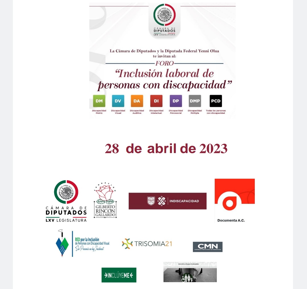trisomia21_mex's tweet photo. Mañana viernes 28 de Abril de 2023 asistiremos al foro:
#InclusionLaboral de las #PersonasconDiscapacidad  organizado por la Dip. federal @YesseniaOlua @DiputadosMorena
Participa caso de éxito presentado x Donett jóven c síndrome de Down
#NadadeNosotrosSinNosotros #PcD #Familia21 https://t.co/yBg8ILhtA9