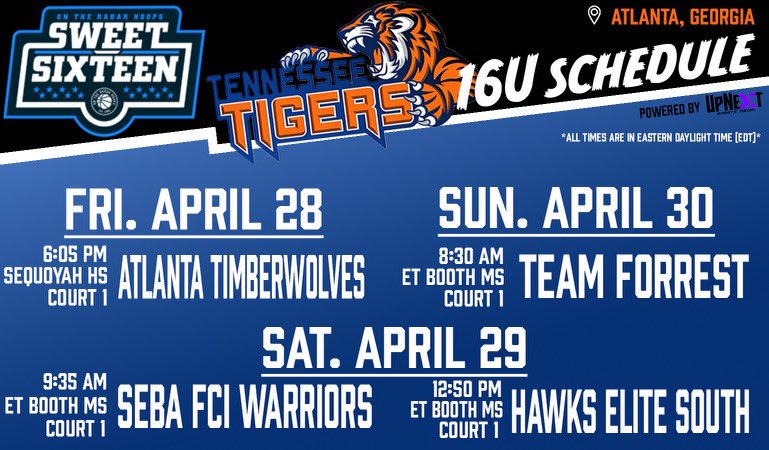 🚨Official 16U Schedule Is LIVE🚨

Right back in the ATL- with <a href="/OTRHoops/">On the Radar Hoops Events</a>. This group is ready to work. Let’s go‼️

#Tigers4Life 🐅 // <a href="/tigers950/">Chip Smith</a>