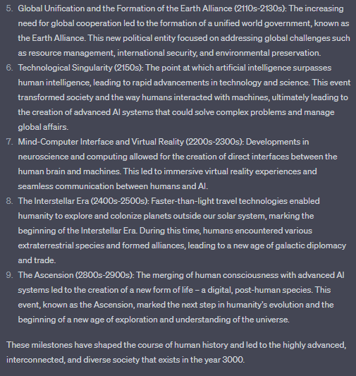 Here's what ChatGPT's vision of the next 900ish years looks like... I somehow have a feeling that the timeline will be much quicker than this. What do you think?