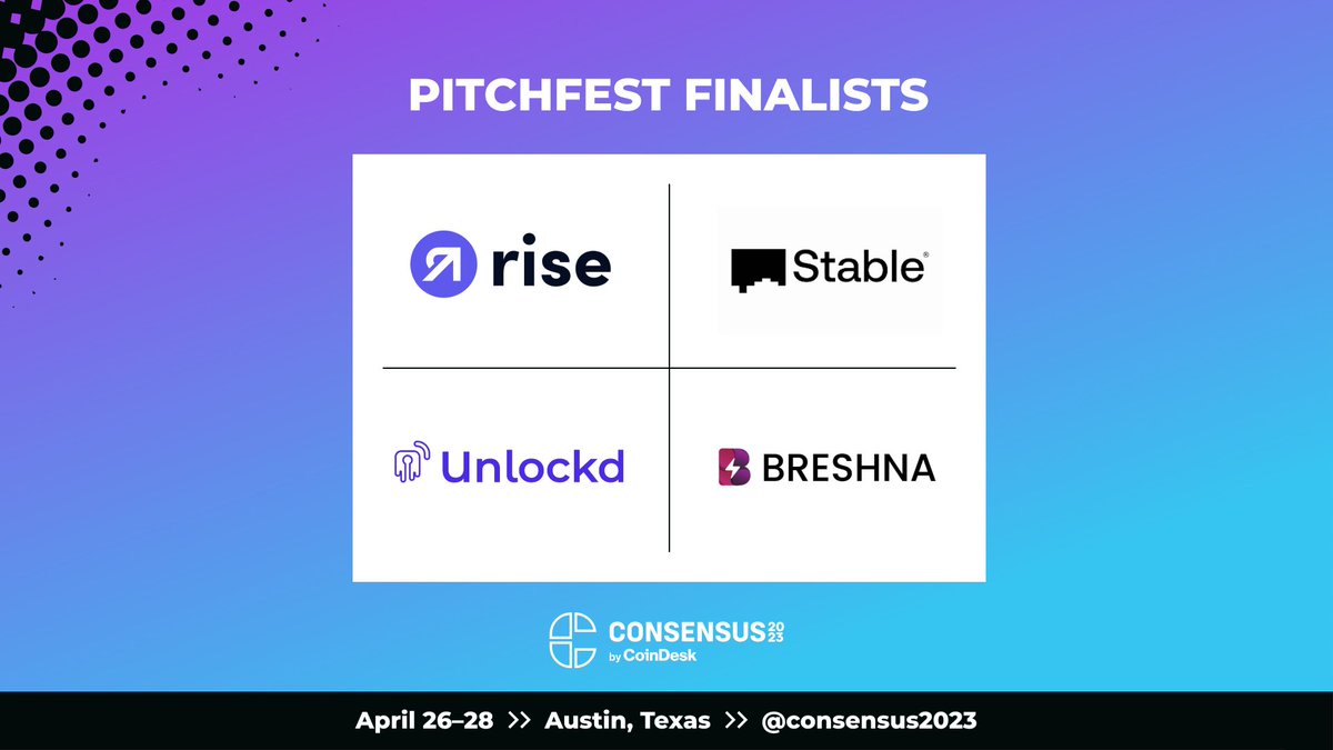 Meet the four PitchFest finalists competing in Friday's Finals at #Consensus2023!

Don't miss the showdown between <a href="/joinstable/">Stable</a>, <a href="/breshnagame/">Breshna⚡️</a>, <a href="/rise_pay/">Rise</a> and <a href="/Unlockd_Finance/">The Lockeys - by Unlockd</a>.