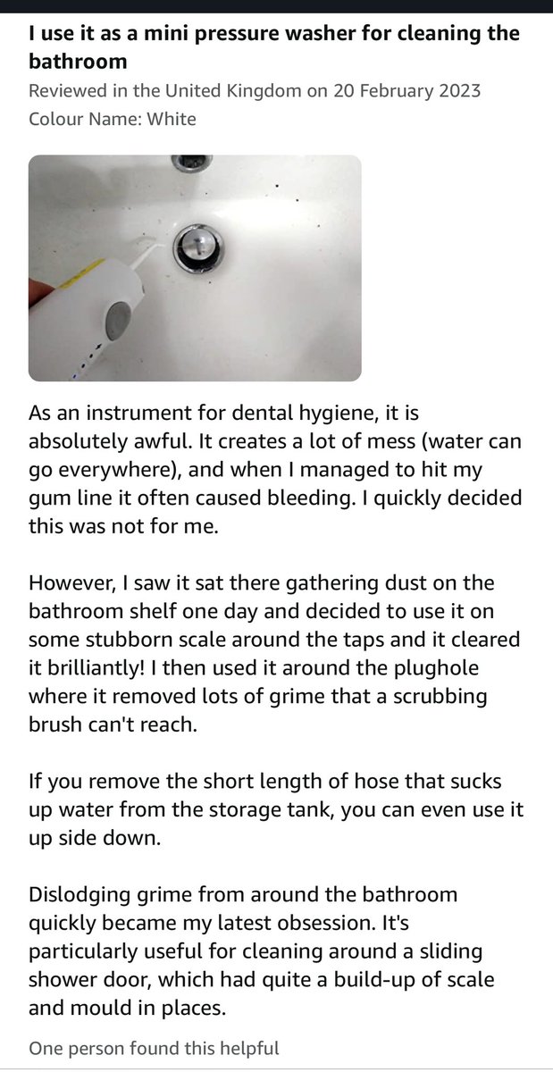Zolonye's tweet photo. It’s beautiful how some folk’s minds work. Below is a review for a water flosser. https://t.co/9jvtBrLwrj