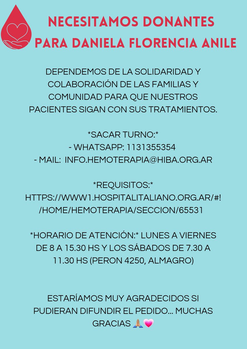 Florenciafuli's tweet photo. Necesitamos Donantes para mi amiga Daniela Anile que esta el hospital italiano . 
El lunes fue mama y necesitas que la ayudemos reponiendo el banco de sangre del hospital italiano. 
Si podes acércate, ayudas dando vida ❤️.
Dani y fran te lo van agradecer. 

#cadena #DonarSangre https://t.co/cb3tN01eAV