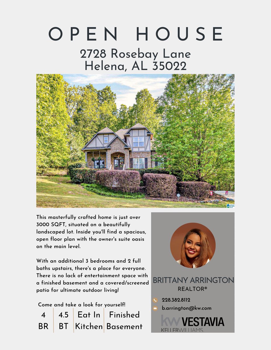 ✨Join me this Sunday for an Open House in Helena✨

Offered at $465,000

*** Listing Courtesy of Justin Williams - Keller Williams
#kellerwilliams  #BESTavia #boughtwithbrittany #buyersagent #luxuryliving #realtor #newhomeowner #letswork #alabamarealestate #openhouse