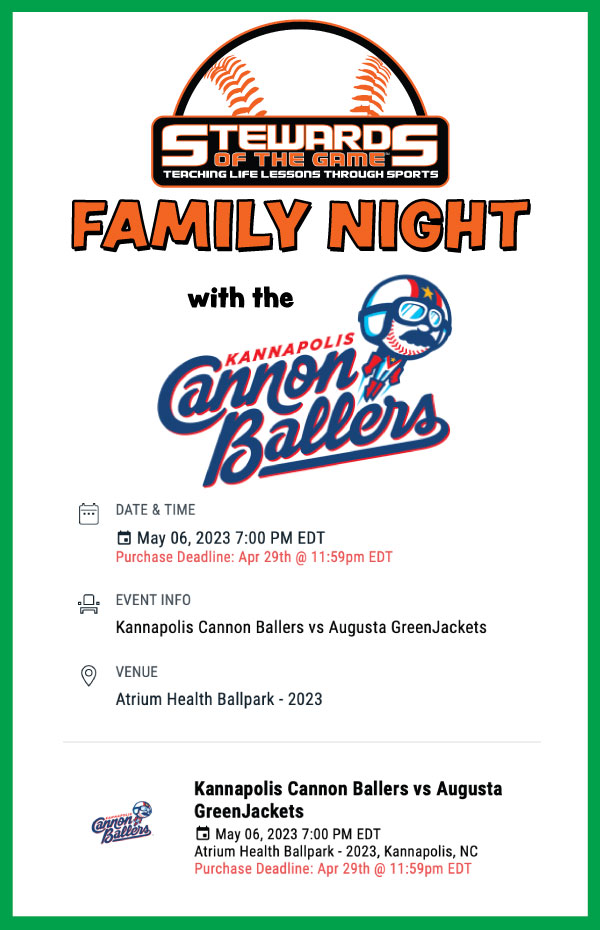 PlayStewards's tweet photo. Join us Saturday evening,  May 6th at Atrium Health Park for Stewards of the Game Family Night with the Kannapolis Cannoballers!

Make sure to wear your Stewards of the Game jersey and hat!
We hope to see you there!

Get your tickets at the link below...
https://t.co/YhUDQYU8gG https://t.co/bhZphz3XXZ