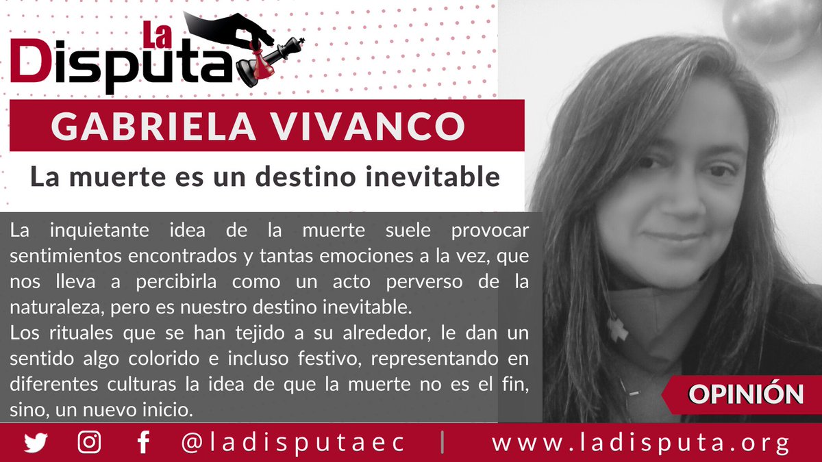 🔵#Opinión I Te presentamos el artículo de Gabriela Vivanco @gabytavi83 que hace una reflexión sobre la #muerte en esta época de constante #inseguridad e incertidumbre

👉🔗ladisputa.org/2023/04/27/la-…

#ladisputaec #Ecuador #Quito #Muerte #costumbres #rituales #destino #cultura