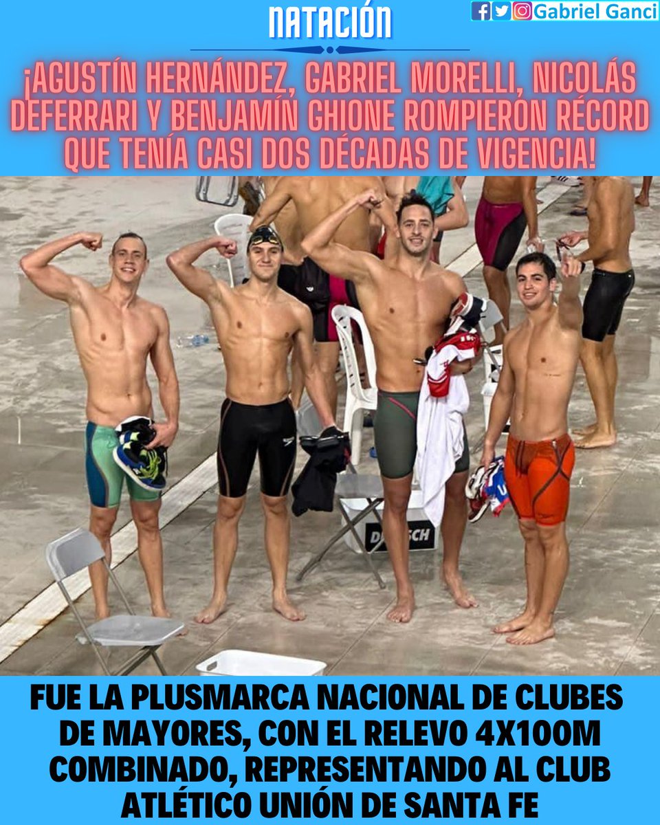 🔶#NATACIÓN🔶
Relevo 4x100m Combinado🟦¡<a href="/agushernandez10/">Agus Hernandez</a>, <a href="/Morelli_Gabriel/">Morelli Gabriel</a>, Nicolás Deferrari y Benjamín Ghione (<a href="/clubaunion/">Club Atlético Unión</a>) ROMPIERON EL RÉCORD NACIONAL DE CLUBES DE MAYORES que tenía CASI DOS DÉCADAS DE VIGENCIA!🟦Registraron 3:45.94