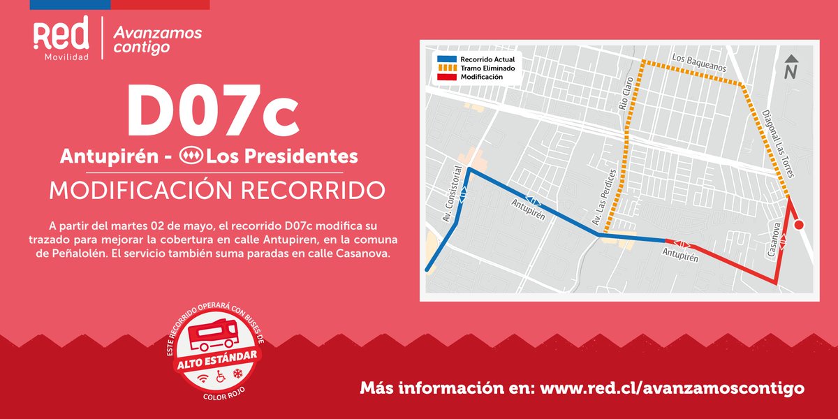 📢 Modificaciones de D01-D07c-D03c🚍
Desde el 02 de mayo cambian su ruta en las comunas de <a href="/penalolen/">Peñalolén</a>, <a href="/MuniLaReina/">La Reina</a> y <a href="/MuniNunoa/">Municipalidad de Ñuñoa</a> 
🚍D01 se extiende en Antupiren.
🚍D07c suma 🚏 en calle Casanova.
🚍D03c deja Lynch Norte y toma Av. Tobalaba.
👉Detalles en:  red.cl/red-comunica/a…