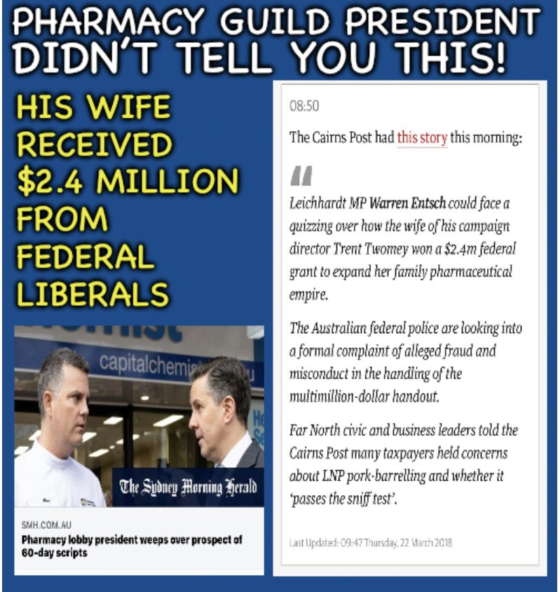 LyndaFrench19's tweet photo. #NACC
Pharmacy Guild president #TrentTwomey choked back tears - but forgot to declare his wife had received a $2.4 Million Grant from Fed LNP to “expand her family pharmaceutical Empire”. #prescriptions

https://t.co/z02jlhQIMY

https://t.co/Gf26mJaXKy

https://t.co/V7ErrWXlQw https://t.co/sPHEzwpTfn