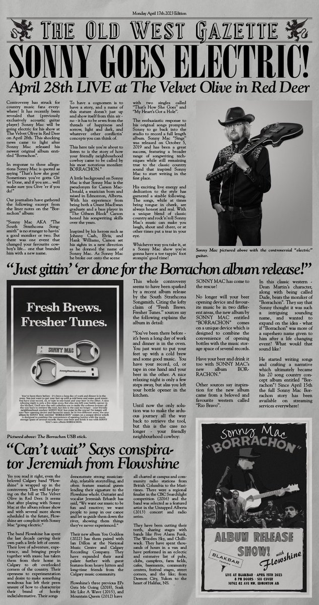 NEWSFLASH! Tomorrow at <a href="/thevelvetolive/">Velvet Olive</a> your friendly neighbourhood cowboy GOES ELECTRIC!!! Be sure to catch the show with <a href="/FlowshineMusic/">Flowshine</a> !!! 🎶🤠📰🎶