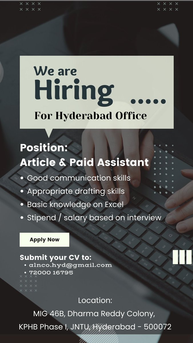 Manohar_1601's tweet photo. We are hiring for our #Hyderabad branch office.
Interested candidates can drop your cv/resume to "alnco.hyd@gmail.com"
Note: one year commitment is essential for paid assistants.
#caarticles #ca #articleship https://t.co/oD4T1WlEs5