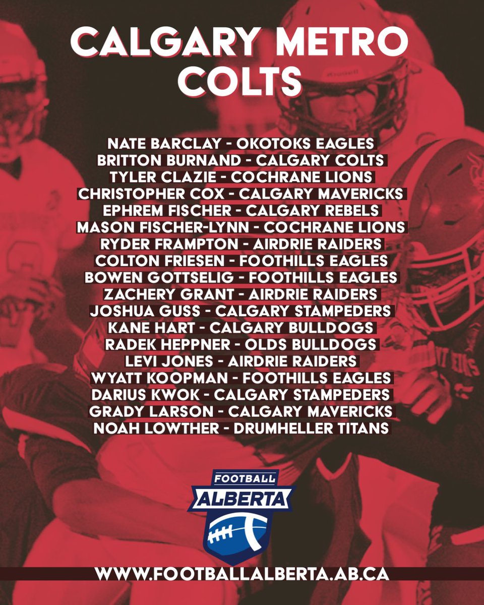 FootballAlberta's tweet photo. Congratulations to all the athletes who have made it to the final Calgary Metro Colts team. Thank you to all our coaches for the evaluation and selection process.
🏈🏈
#football #footballalberta #u16 #southselectioncamps #finalteam #yycandarea https://t.co/md0WeANaBA