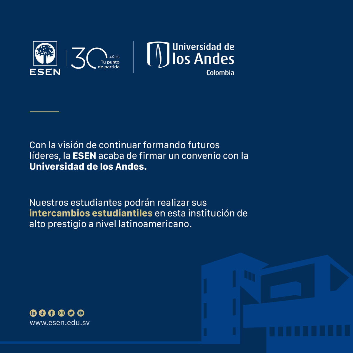¡Se vienen nuevas oportunidades para los estudiantes de la ESEN! 🤩🇨🇴

Nuestros estudiantes podrán realizar sus intercambios estudiantiles en la @uniandes, una de las instituciones de mayor prestigio a nivel Latinoamericano.

#ESEN #IntercambioEstudiantil #Intercambio #Colombia