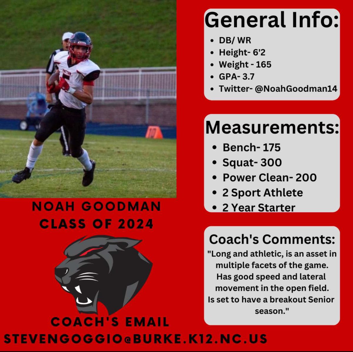 Patton_Panthers's tweet photo. This weeks player spotlight is class of 2024, Noah Goodman. Noah is equipped with great work ethic and leadership on the team. He shows a lot of passion and we can’t wait to see him show out this season. #WeArePatton https://t.co/nFfiY4uPU3