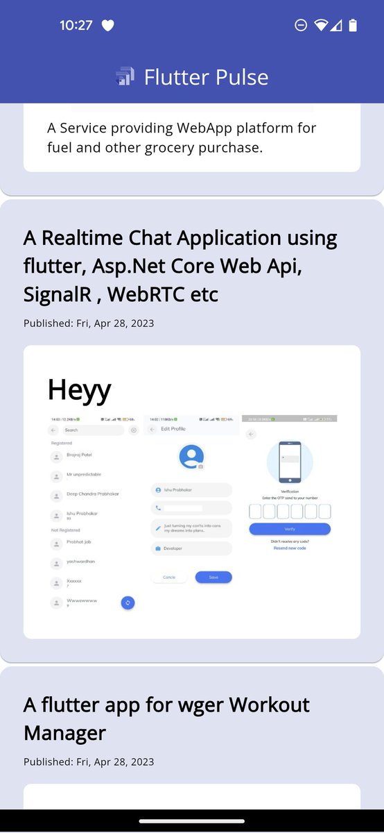 FlutterPulseApp's tweet image. A Realtime Chat Application using flutter, Asp .Net Core Web Api, SignalR , WebRTC etc
@ishu_prabhakar