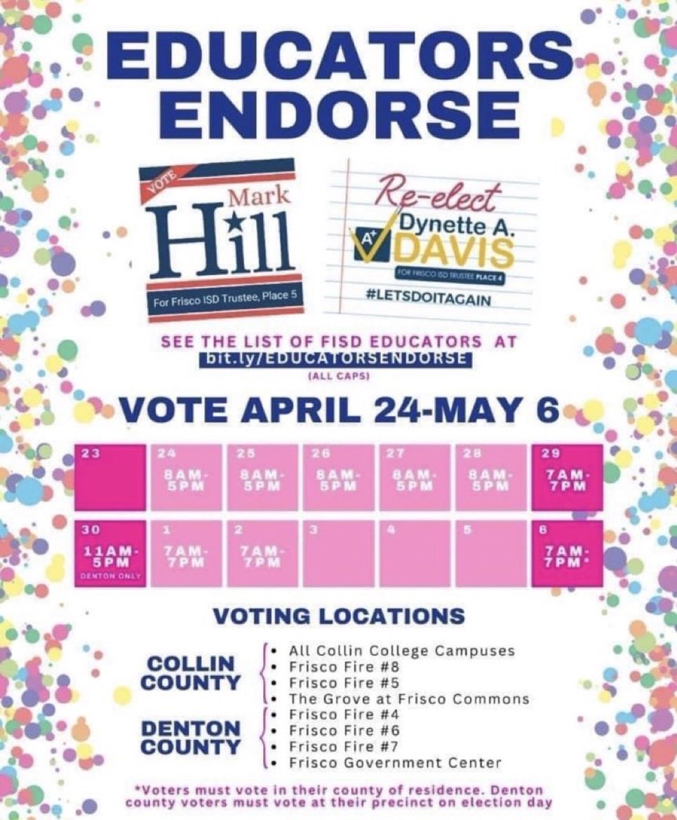 MaryiaBarone's tweet photo. This educator is proud to endorse Hill and Davis! Get out there and vote! If you’re unsure of who to vote for in a school board election ask a teacher! #vote #friscoisd #educatorfordavis #educatorforhill https://t.co/rhqAKCvvfj