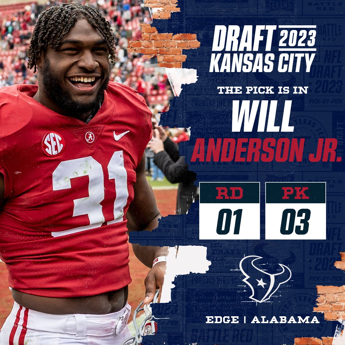 With the No. 3 overall pick in the 2023 #NFLDraft, the <a href="/HoustonTexans/">Houston Texans</a> select Will Anderson Jr.!

<a href="/NewEraCap/">New Era Cap</a> | #WeAreTexans 

📺: 2023 #NFLDraft on NFLN/ESPN/ABC
📱: Stream on NFL+ bit.ly/3Nk9PrV