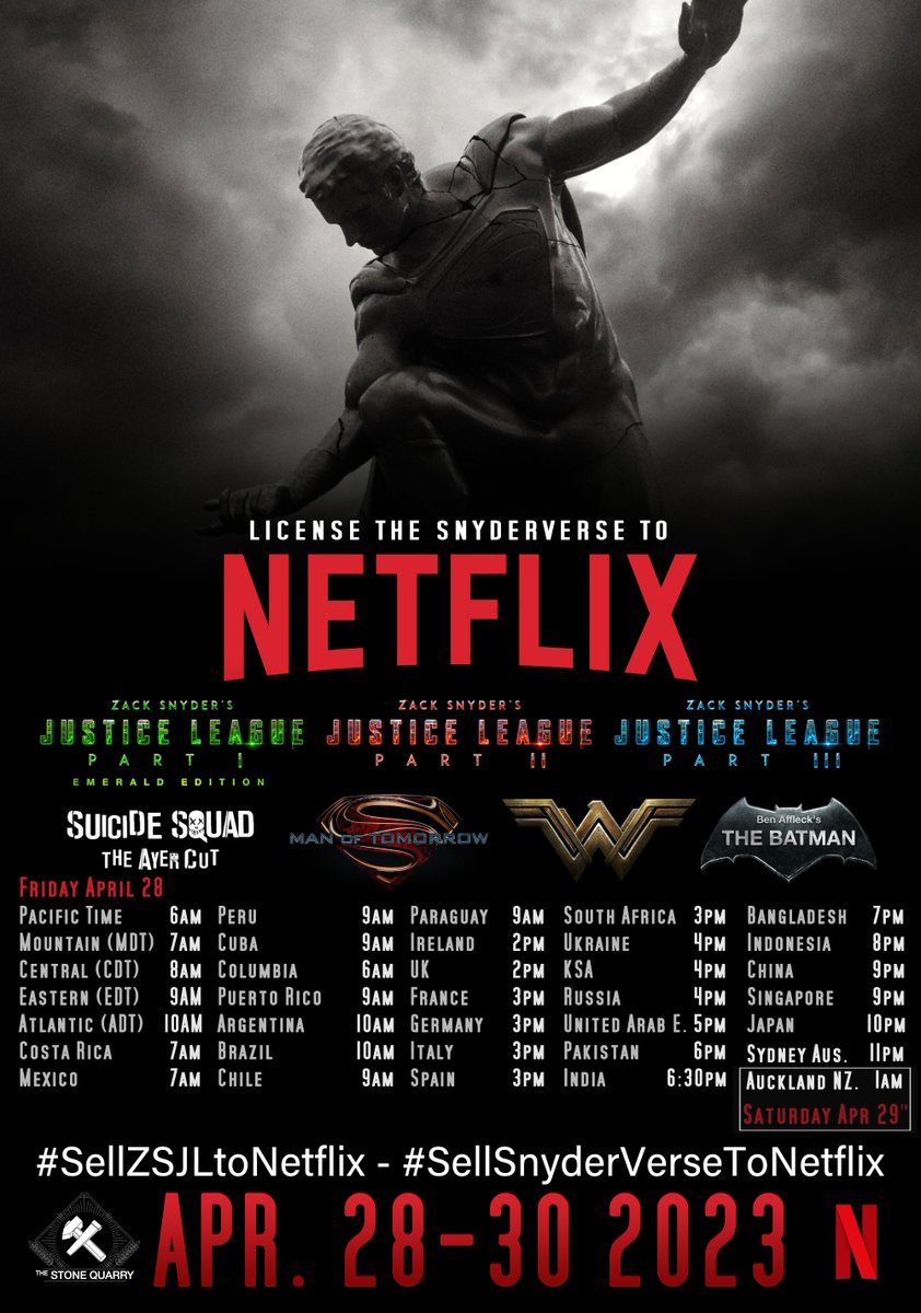 SnyderQueen_'s tweet photo. #FullCircle Trinity Weekend Event Start Times.
April 28-30th, each day celebrating a different movie & actor
28: Man of Steel & Henry Cavill / Superman
29: Batman v Superman UE & Ben Affleck / Batman
30: Zack Snyder's Justice League & Gal Gadot / Wonder Woman

#SellZSJLtoNetflix #SellSnyderVerseToNetflix @Netflix