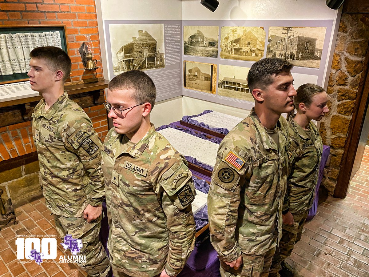 sfa_alumni's tweet photo. The SFA ROTC Austin Raiders are currently guarding your rings for tomorrow's #BigDip under the purple lights at the Stone Fort Museum, and will all night.
This is in celebration of your academic victory and your SFA Ring. They will deliver your rings to the BPSC tomorrow. ๐ช https://t.co/J4KDAyaIjq