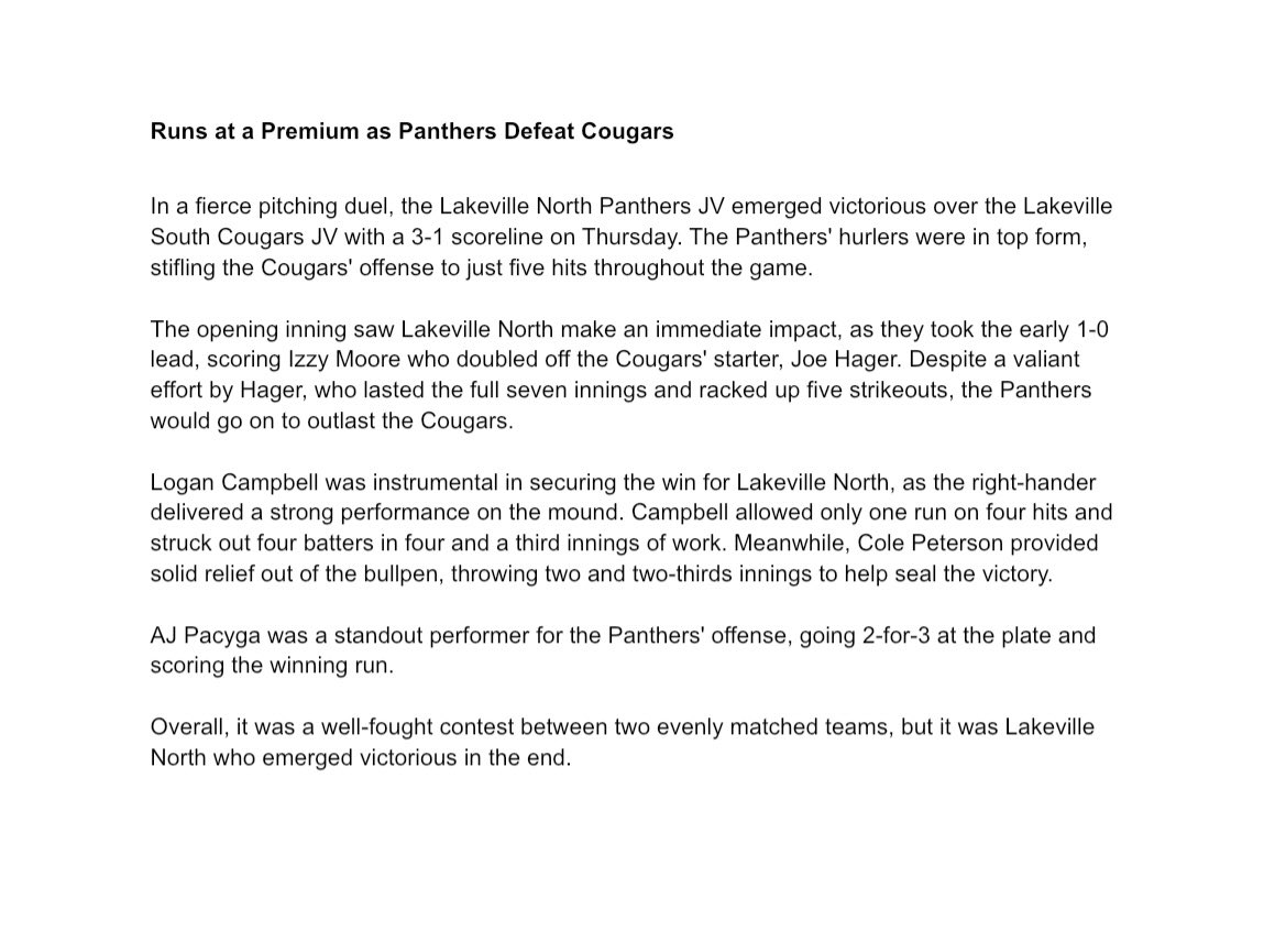 Final: #LNPanthersJV 3, Cougars 1

Record: 2-3

Player of the game: <a href="/LoganC_2025/">Logan Campbell</a>