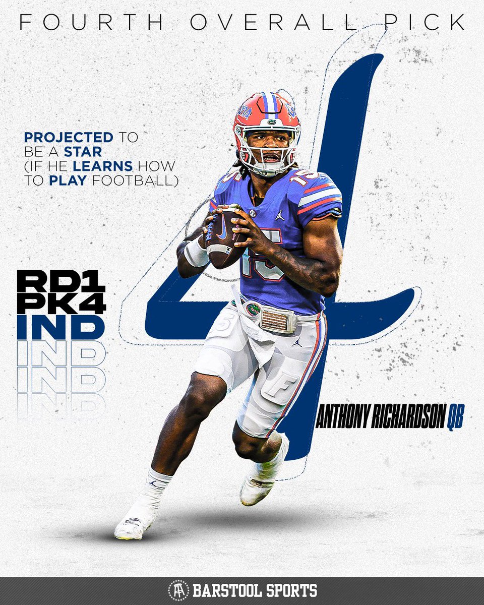 barstoolsports's tweet photo. Anthony Richardson’s moving to Indy #EnEffElDraft https://t.co/CxXNaYofqC