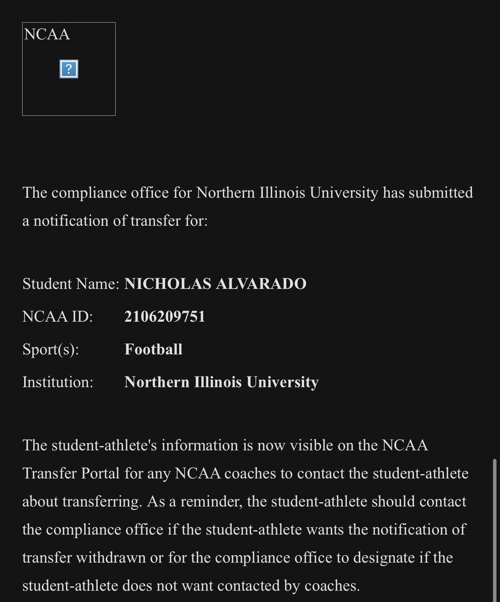 Thank you for the opportunity <a href="/NIU_Football/">NIU Football</a> I will be entering the transfer portal as a true freshman, with three years of eligibility left.