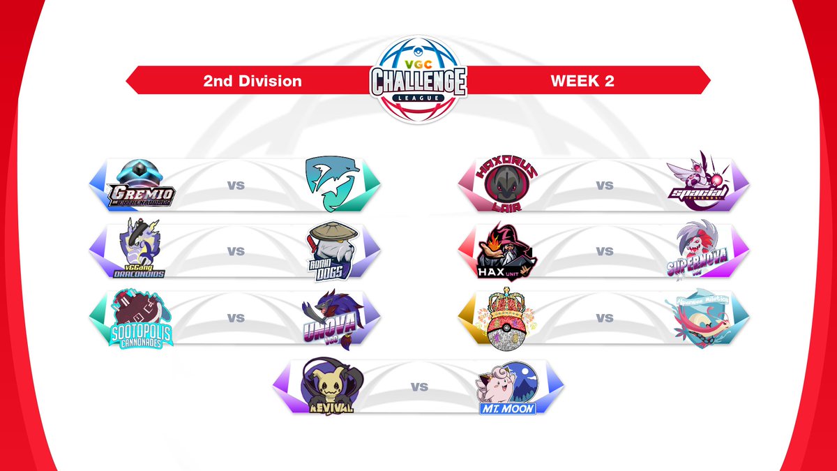Another week of VCL 🔥
Root for your favorite teams on stream this weekend!

🏷️ | VCL WEEK 2
📌 | Season 3
🏆 | 2nd Division
🗓️ | 04/24 - 04/30
🛡️ | 6 vs 6
🆚 | Regulation C
🔗 | desafiolatamvgc.com/vcl/